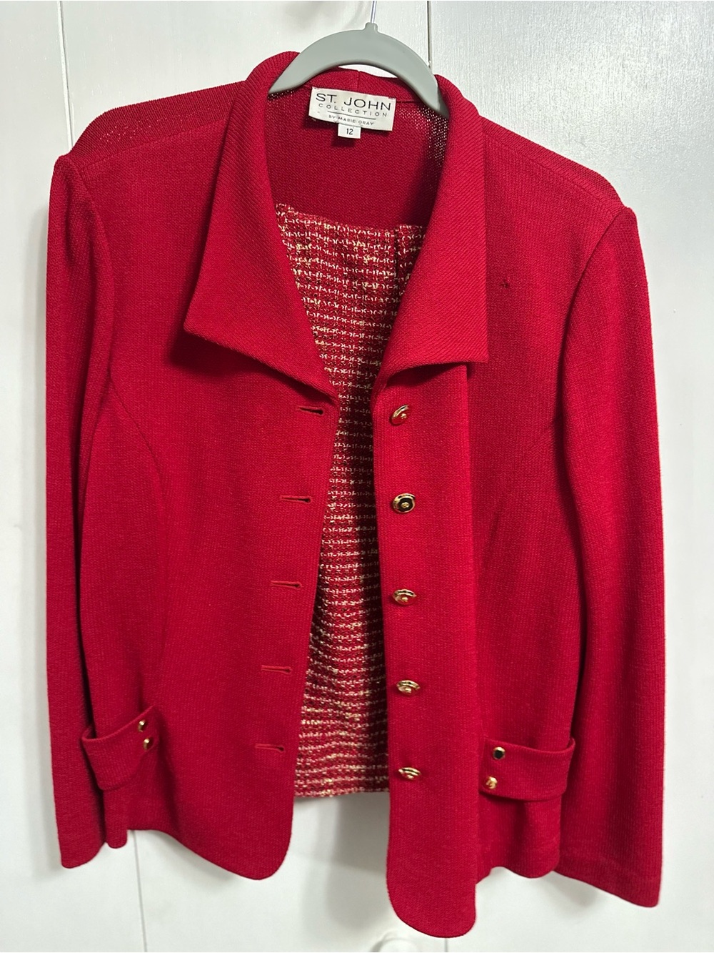 St. John Red Knit Button-Front Blazer with Gold Buttons
